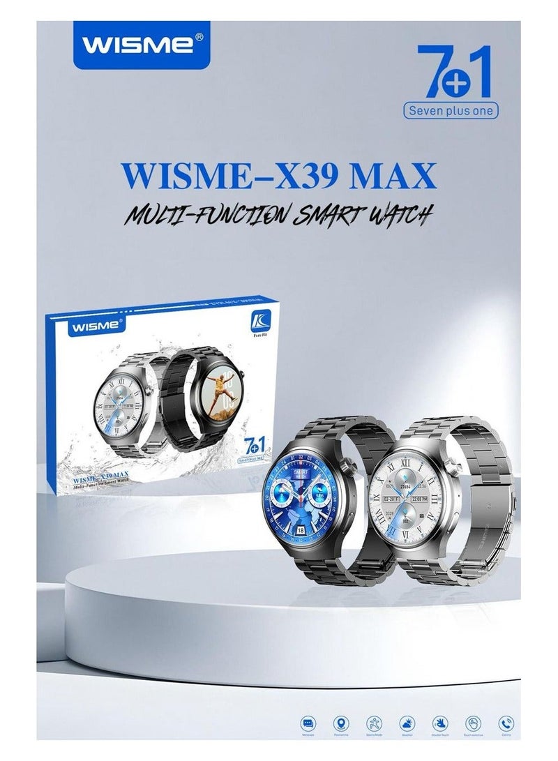 WISME X39 MAX Multi-Function Smart Watch With 7 Pair Straps and Charging Cable Designed for Mens Silver - Image 3